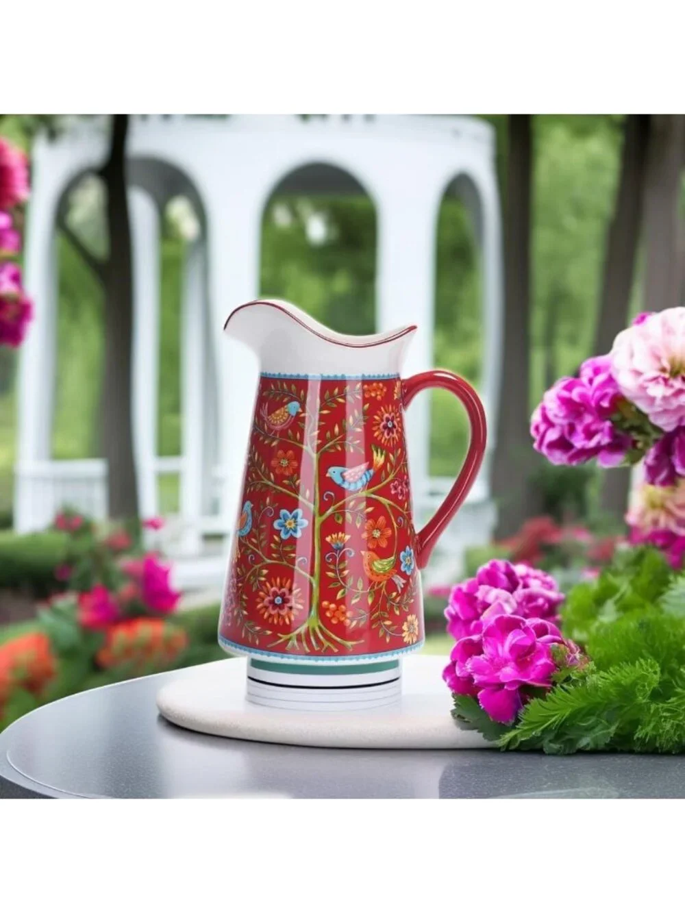 Red Ceramic 2.5 Quart Pitcher with Handle - Decorative Vase for Flowers